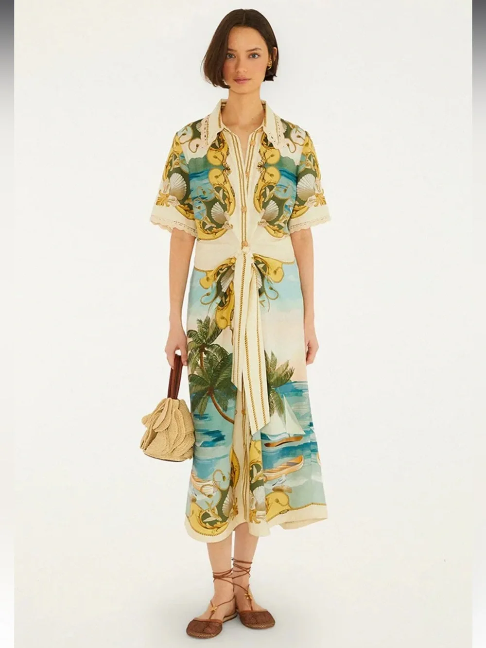 Farm Rio Royal Sea Gathered-Waist Midi Dress - Sz L - Picture 2 of 12